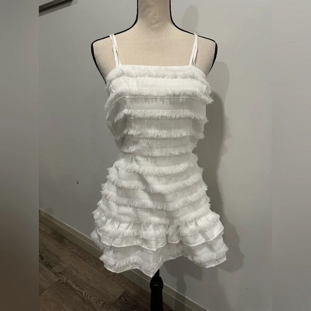Princess Polly Molina White Mini Dress Size 4 straps eyelash ruffle fringe NWT - Picture 4 of 12